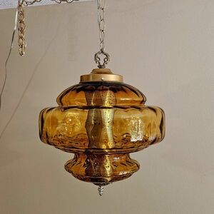 QUILTED Vintage AMBER Glass FALKENSTEIN Hanging Lamp Light Antique